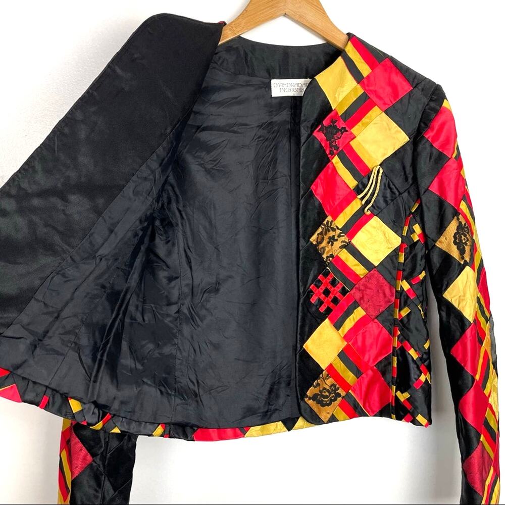 Vintage Patchwork Lace Quilted Jacket Red Yellow … - image 6